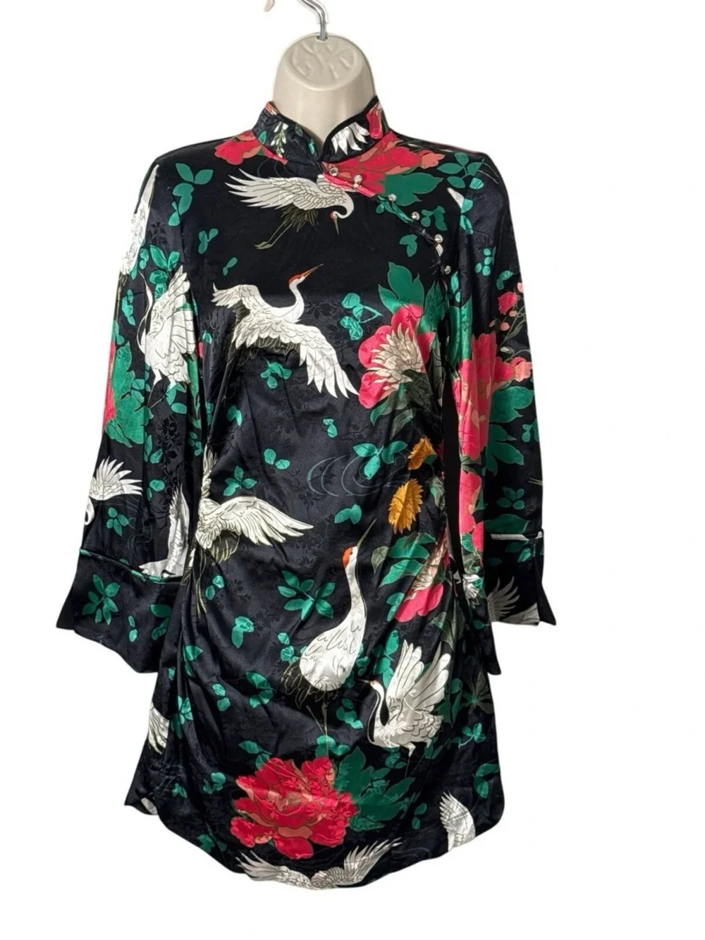Floral Satin Mini Dress Qi Pao style - Black & Green - Picture 2 of 3